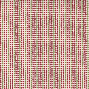 May include: A fabric with a repeating pattern of red and green half-circle shapes arranged in vertical rows against a white background. The design creates a textured, dotted appearance, suitable for various craft projects.