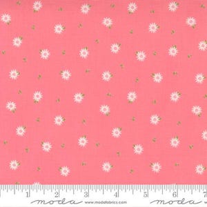 May include: Pink fabric with a repeating pattern of white daisies and small green leaves. The fabric has a ruler along the bottom edge with the word "moda" printed on it.