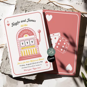 Carte d'invitation de mariage à thème Las Vegas personnalisée, dîner de répétition du jackpot de Vegas, modèle modifiable Canva