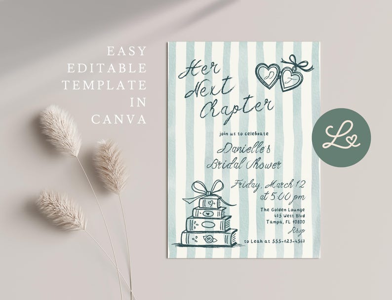 May include: A bridal shower invitation with a watercolor design. The invitation features the text "Her Next Chapter" and "Danielle's Bridal Shower". The design includes illustrations of hearts and books, with a light blue and white striped background.