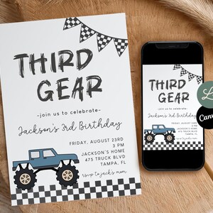 Third Gear Monster Truck Birthday Racing Invite 3rd Birthday Invitation Template Boy Birthday Party Third Birthday Canva Editable Template