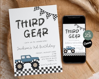 Third Gear Monster Truck Birthday Racing Invite 3rd Birthday Invitation Template Boy Birthday Party Third Birthday Canva Editable Template