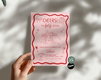 Zaproszenie na 40. urodziny, ręcznie pisane, rysowane ręcznie, Doodle, koktajle, zaproszenie na 40. urodziny, Canva, edytowalny szablon do natychmiastowego pobrania