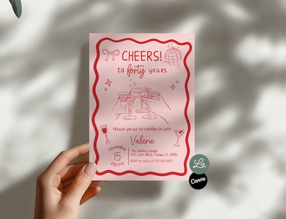 Cheers to Forty Invitation 40th Birthday Party Handwritten Handdrawn Doodle Cocktails Cheers Invite Canva Editable Template Instant Download