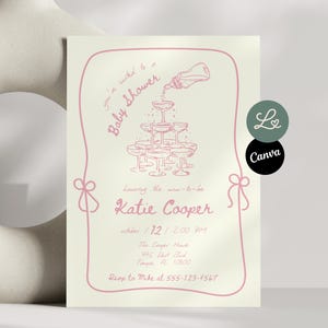 Pink Baby Shower Invitation Whimsical Hand Drawn Bows Girl Baby Brunch Doodles Handwritten Invite Canva Editable Template Instant Download