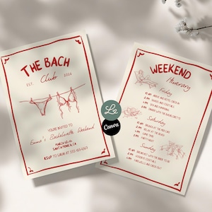 Op de afbeelding: Twee crèmekleurige uitnodigingen met rode tekst en illustraties. Eén leest "THE BACH Club" met een bikini-illustratie. De andere is een weekendroute. Beide hebben decoratieve rode randen en zijn voor een vrijgezellenweekend.