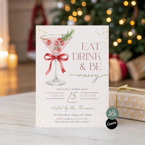 Op de afbeelding: Een uitnodiging voor een kerstfeest met een illustratie van een cocktail met cranberry's en rozemarijn. De uitnodiging bevat de tekst "EAT, DRINK & BE merry" en evenementdetails voor vrijdag 15 december om 17:00 uur.