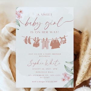Boho Girl Clothesline Baby Shower Invitation A Sweet Baby Girl Invitation Template Girl Baby Shower Invite Floral Canva Editable Template