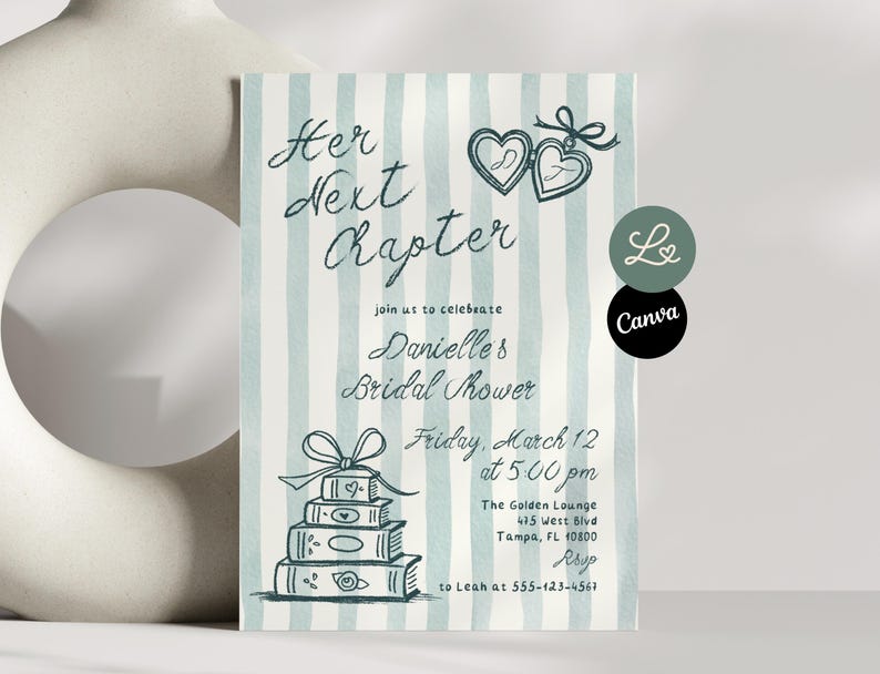 May include: A bridal shower invitation with a watercolor striped background in light blue and white. The text "Her Next Chapter" is written in a script font. The invitation includes the event details, date, time, and location.