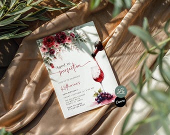 Zaproszenie na 40. urodziny Aged To Perfection w kolorze czerwonego wina, z motywem kwiatowym i czerwoną różą, do edycji w Canva, szablon do natychmiastowego pobrania
