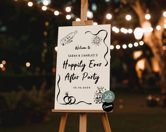 Happily Ever After Party Welcome Sign Quirky Whimsical Elopement Wedding Handdrawn After Party Sign Canva Editable Template Instant Download
