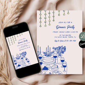 Summer Dinner Party Invitation Birthday Invite White and Blue Birthday Party Birthday Dinner Evite Canva Editable Template Instant Download