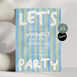Convite de Aniversário "Vamos Festejar" para Menino - 4º Aniversário - Minimalista, Divertido, Colorido e Retrô - Modelo Editável no Canva - Download Imediato