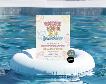 Goodbye School Hello Summer Invitation Summer Break Recess Kids Party Birthday School's Out Invite Canva Editable Template Instant Download