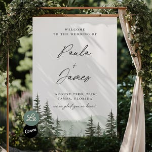 Matrimonio nella foresta di pini, cartello di benvenuto modificabile, decorazione rustica per matrimonio in salvia, modello Canva scaricabile immediatamente