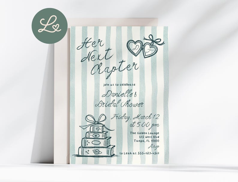 May include: A bridal shower invitation with the text "Her Next Chapter" in elegant script. The design features a stack of books, hearts, and vertical stripes in shades of blue and white. The invitation includes event details.
