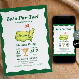 Masters Viewing Party Invitation Golf Masters Party Theme Let's Par-Tee Golf Clubhouse Masters Watercolor Invite Canva Editable Template
