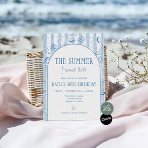 The Summer I Turned Thirty Birthday Invitation 30th Coastal Birthday Party Seashells Beach Invite Canva Editable Template Instant Download