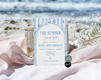Invitación de cumpleaños "El verano que cumplí treinta". Fiesta de cumpleaños número 30 en la costa. Invitación a la playa con conchas marinas. Plantilla editable de Canva. Descarga instantánea.