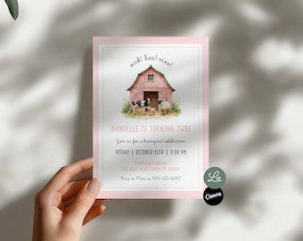 Oink Baa Moo 2nd Birthday Invitation Pink Farm Barnyard Second Birthday Party Farm Animals Invite Canva Editable Template Instant Download