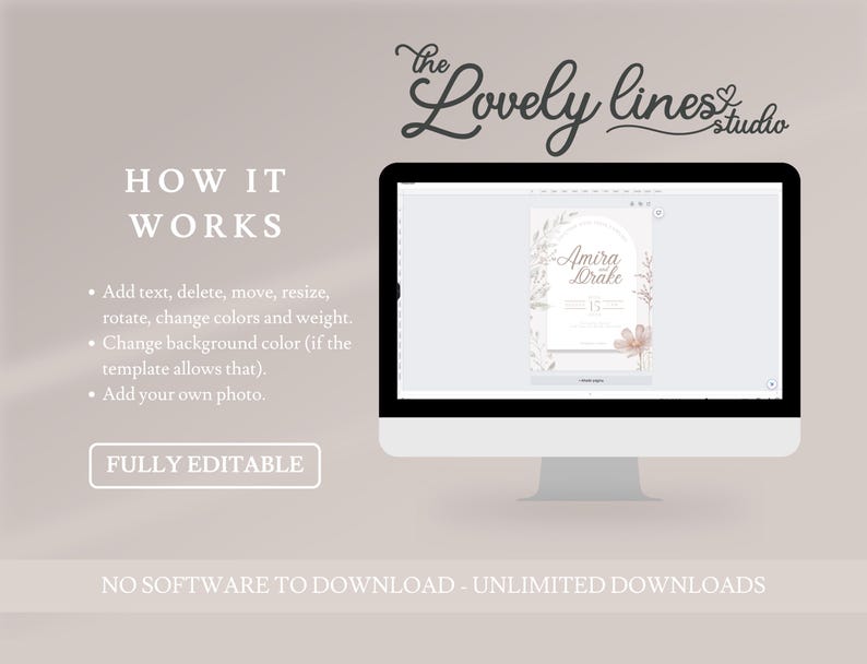 May include: A computer monitor displays a wedding invitation template with the text "Amira Drake." The screen shows design options, including text editing, color changes, and photo uploads. The words "How it Works" and "Fully Editable" are also visible.