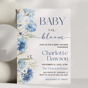Blue Floral Baby in Bloom Boy Baby Shower Invitation Spring Blue Printable Baby Boy Shower Blue Canva Editable Template Instant Download