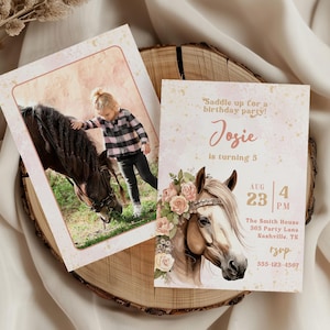 Invitation d'anniversaire de cheval modifiable, poney floral, anniversaire de cow-girl occidentale, selle de cheval, fête d'anniversaire de ferme, invitation de fête de fille, modèle Canva