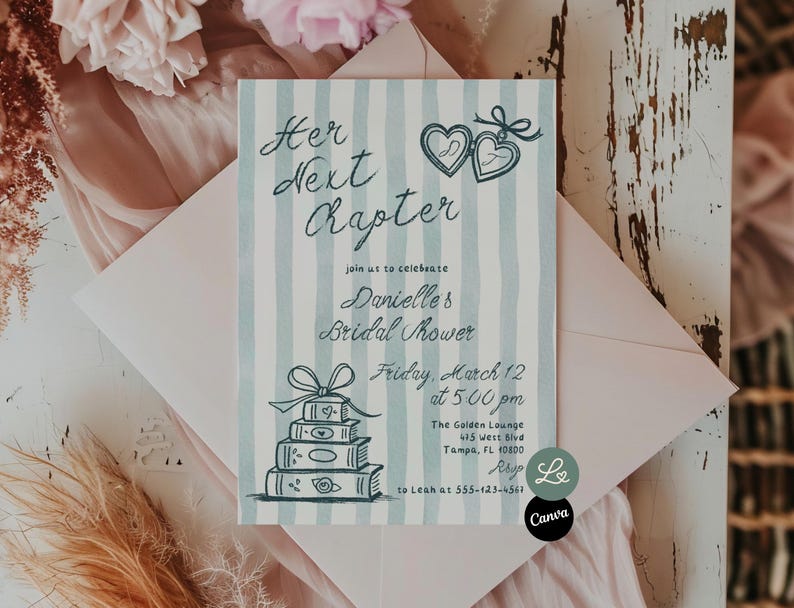 May include: A bridal shower invitation with the text "Her Next Chapter" in elegant script. The invitation features a light blue and white striped background, with illustrations of hearts and books. The invitation is placed inside a pink envelope.