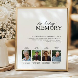 May include: A white sign with a gold frame, reading "in loving memory" and listing the names of loved ones who are unable to celebrate with the couple at their wedding. The sign includes photos of the loved ones and their relationship to the couple.