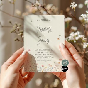 Op de afbeelding: Een crèmekleurige trouwuitnodiging met bloemenillustraties en de namen "Elizabeth + James" in sierlijke letters. De uitnodiging bevat details over de ceremonie, met de tekst "Samen met hun families". De uitnodiging wordt door een persoon vastgehouden.