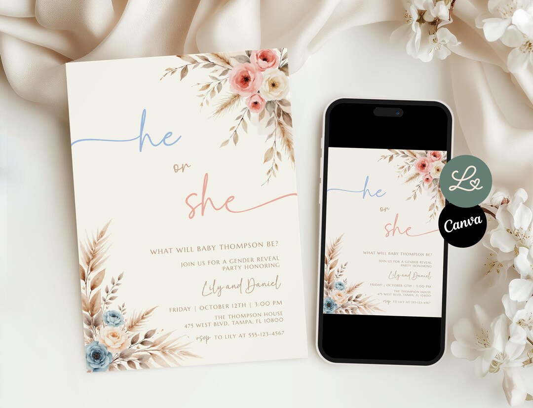 He or She Boho Gender Reveal Invitation Pink and Blue Pampas Grass ...