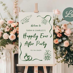 May include: A cream-coloured sign on a wooden easel, featuring the text "Welcome to Sarah & Charles's Happily Ever After Party" in green script. Illustrations include a bottle, disco ball, rings, and champagne glasses. The date 12.10.2025 is also shown.