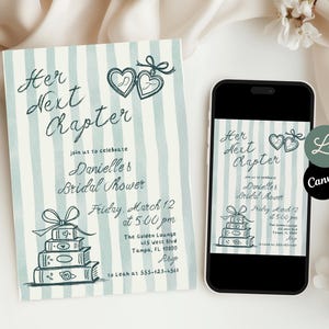May include: A bridal shower invitation and a smartphone displaying the same design. The invitation features the text "Her Next Chapter" with a striped background and illustrations of hearts and books. The smartphone shows the invitation design.