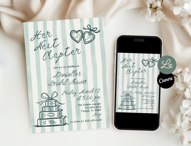 May include: A bridal shower invitation and a smartphone displaying the same design. The invitation features the text "Her Next Chapter" with a striped background and illustrations of hearts and books. The smartphone shows the invitation design.