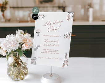 Paris French Cafe Bridal Shower Invitation Pink She Said Oui Handdrawn Whimsical Bridal Invitation Canva Editable Template Instant Download