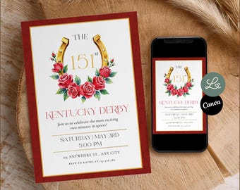 May include: A red and white invitation with gold accents for the 151st Kentucky Derby. The invitation features a gold horseshoe with red roses and the text "The 151st Kentucky Derby".