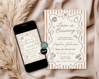 Love is Brewing Bridal Shower Invitation Whimsical Handwritten Coffee Coquette Café Shower Invite Canva Editable Template Instant Download