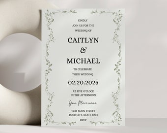 Minimal Sage Green Wedding Invitation Elegant Wedding Invitation Sage Greenery Invitation Canva Editable Template Instant Download