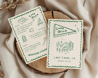 Camp Bachelorette Invitation and Itinerary Outdoors Green Bach Whimsical Hiking Camping Bachelorette Invite Canva Template Instant Download