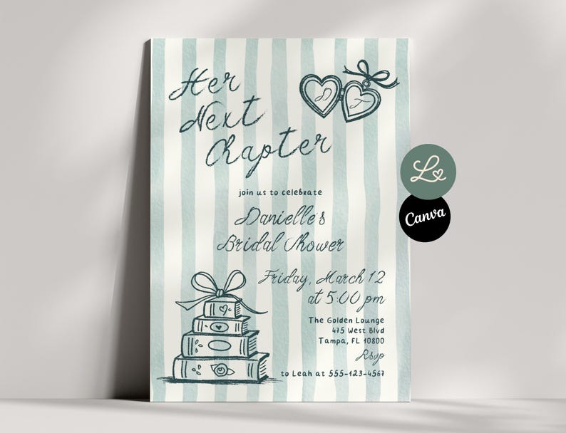 May include: Bridal shower invitation with a light blue and white striped background. The text "Her Next Chapter" is at the top, with details about Danielle's Bridal Shower. Includes heart and book illustrations. The Canva logo is in the bottom right.