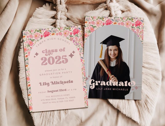 Floral Pink Graduation Invitation Wildflower Graduation Announcement Template Pink Wildflower Graduation Grad Card Canva Editable Template