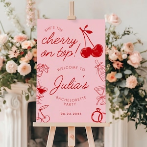 Letrero de bienvenida editable para despedida de soltera, diseño de "Ella es la cereza del pastel", rosa y rojo, dibujado a mano, plantilla Canva de descarga instantánea.