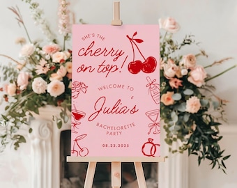 She's The Cherry on Top Bachelorette Editable Party Welcome Sign Hen Party Pink Red Handdrawn Bridal Shower Instant Download Canva Template