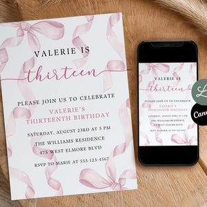 Dreizehnten Geburtstagseinladung Mädchen Kokette Rosa Fancy Bow 13. Geburtstagseinladung Dreizehnte Party Aquarell Canva Editierbare Vorlage