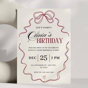 Invitación de cumpleaños con lazo rojo para 30 años Invitación de cumpleaños con lazo retro minimalista Invitación de cumpleaños con tema coqueto Plantilla vintage de Canva Descarga instantánea