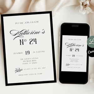 Peut inclure: Une invitation avec du texte noir sur fond blanc cassé, encadrée de noir. Le texte indique "Katherine's N° 24" avec la date et l'heure. Un smartphone affiche la même invitation. Fleurs blanches et tissu en arrière-plan.