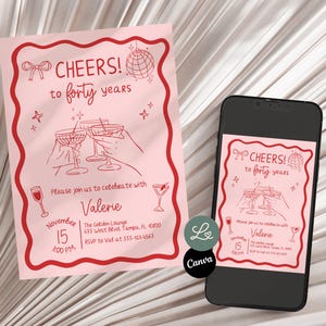 Może przedstawiać: R&oacute;żowe zaproszenie z czerwoną obw&oacute;dką i tekstem "Cheers! to forty years". Zaproszenie zawiera ilustracje kieliszk&oacute;w do szampana, gwiazd i kuli dyskotekowej. Smartfon wyświetla to samo zaproszenie.