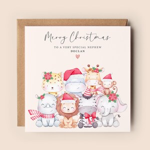 Special Nephew Christmas Card - Christmas Safari Card - Personalised - Cute Animals - Lion - Giraffe - Personalized - Custom Name - Nephew