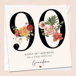 Buon 90° compleanno nonna - Biglietto di auguri - Nonna - 90° compleanno - Biglietto di auguri - Floreale - Fiori - Novanta - 90