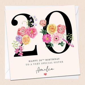 Cartão personalizado de 20º aniversário para irmã - 20º aniversário - Aniversário da irmã - Nome personalizado - Irmã especial - Irmã de vigésimo aniversário